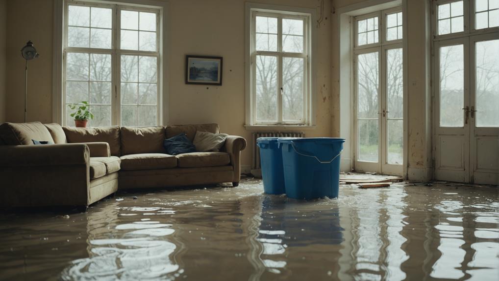 Flooded living room with standing water on hardwood floors, peeling walls, and scattered debris—visual example of water damage leading to mold risk, critical for mold remediation services.
